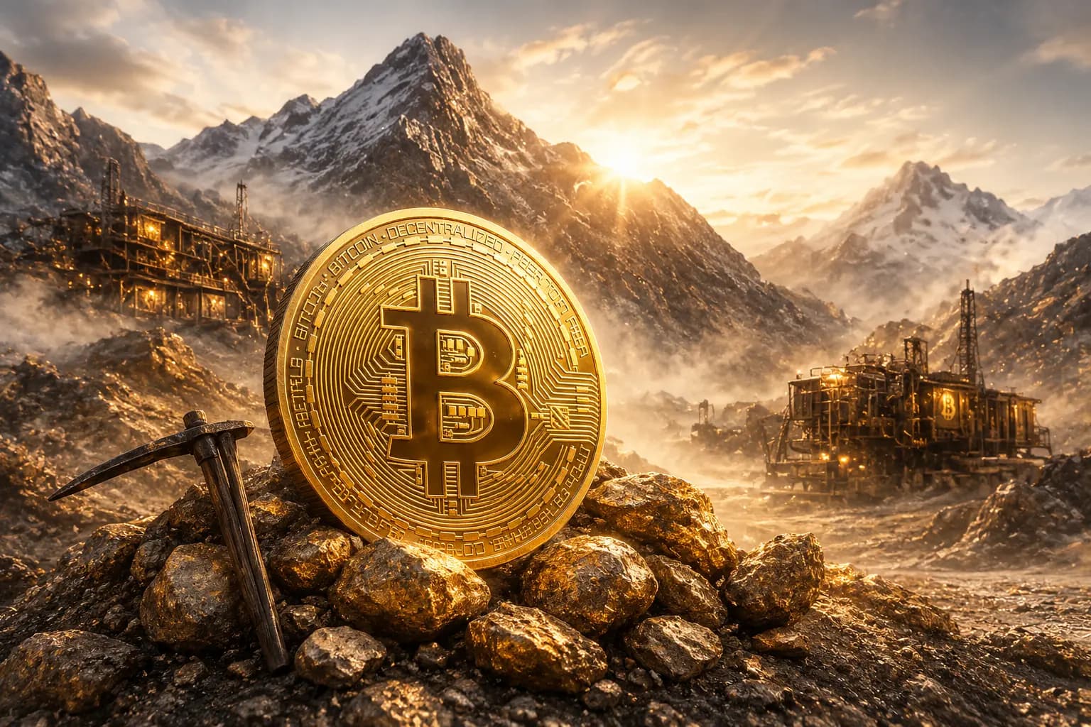 Bitcoin-Münze in einer goldenen Mining-Landschaft